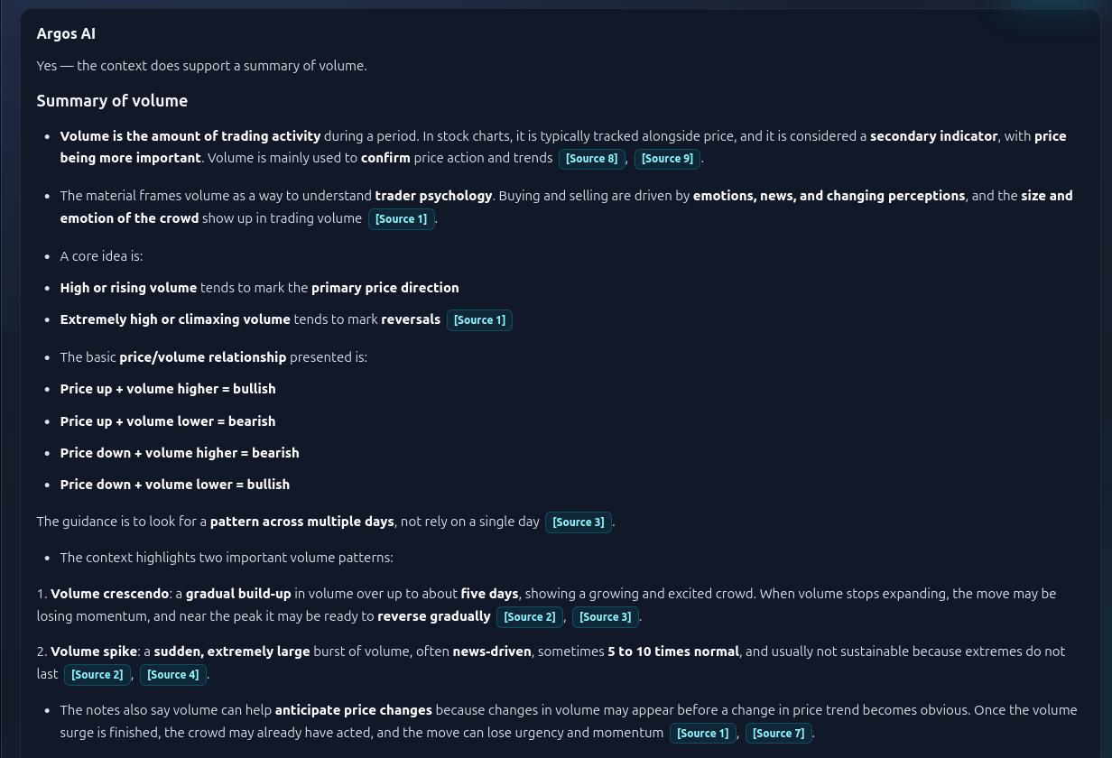 Trading Library answer card with source references